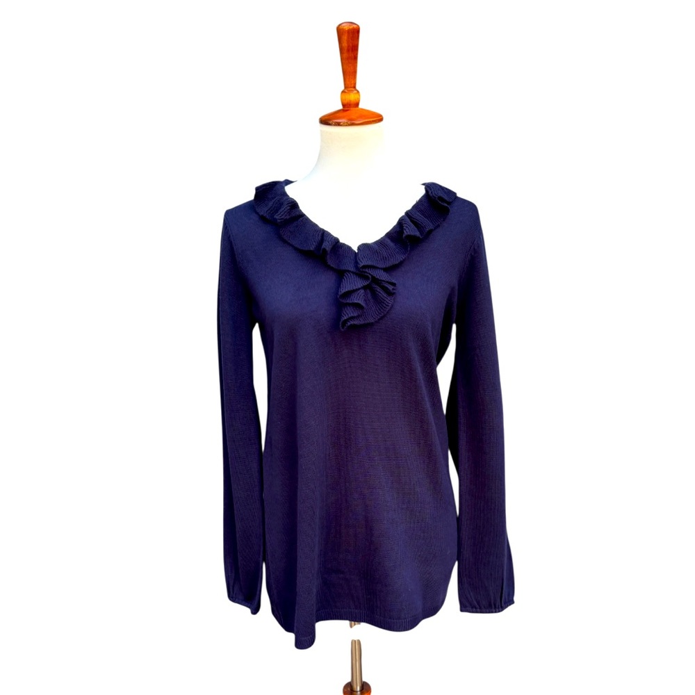 Mud Pie Women’s S “Laura” Navy Blue Ruffle Pull Over Long Sleeve Sweater NWT